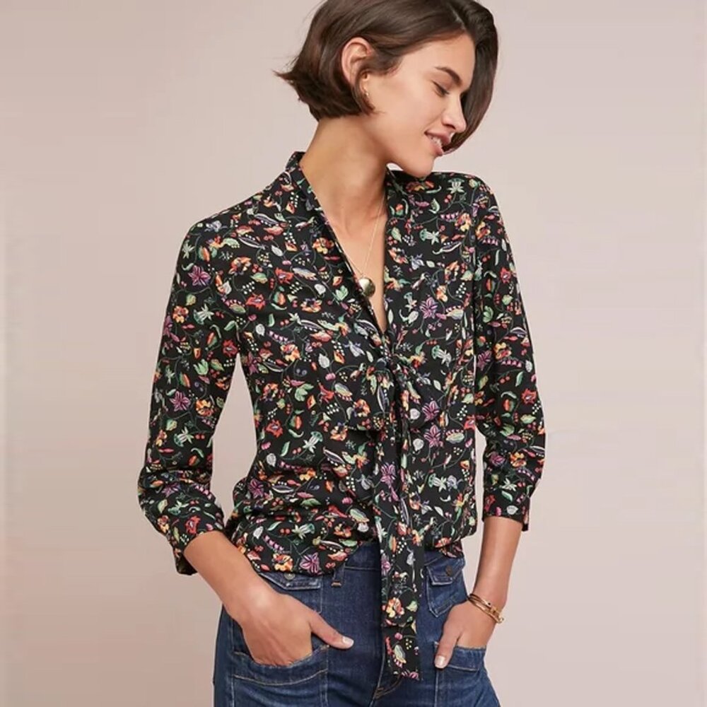 52 Conversations by Anthropologie Colloquial Neckline Knotted Blouse Floral 6